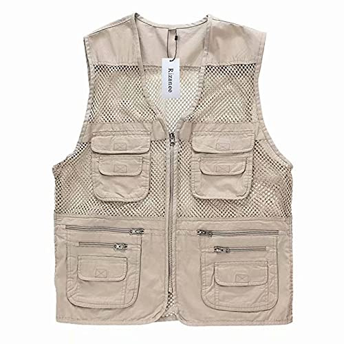 Rizanee Unisex Mesh Breathable Fishing Vest, Multi-Pockets Photography Travel Hiking Waistcoat Jacket for Adults and Youth (Beige, US 2XL - TAG 4XL)