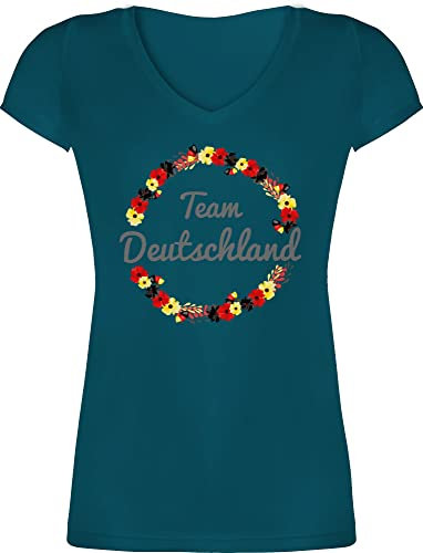 T-Shirt Damen V Ausschnitt - Fußball EM WM - Team Deutschland Blumenkranz - XXL - Türkis - Shirt 2021 fußball-Fanartikel Europameisterschaft Blumen Tshirt Frauen fußballtrikot Fussball Germany