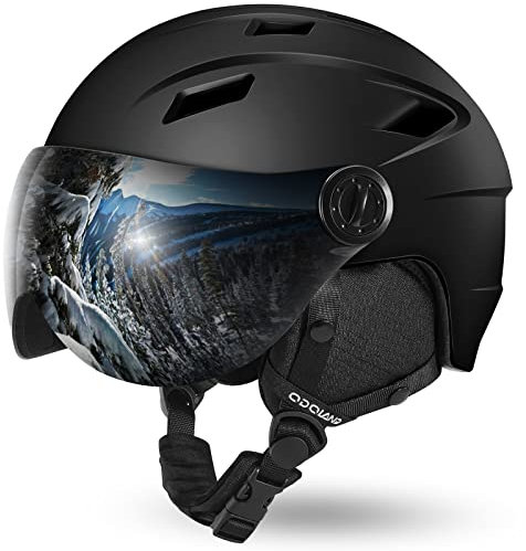 Odoland Casco da Sci Integrale con Visiera, Casco Sportivo per Uomo e Donne, Casco da Snowboard con Maschera UV 400 Proteczione e Antivento, Casco per Sport Invernali, Nero, L
