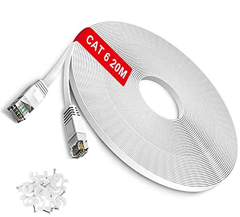 TBMax - Cavo Ethernet 20m Cat6 Piatto - Cavo di Rete ed alta velocità 10/100/1000Mbps RJ45 Cavo LAN Patch OFC-UTP per PC, Console, TV Box, Modem, Bianco