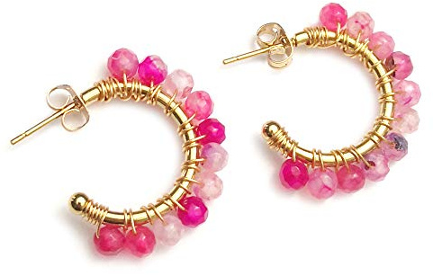 Beloved Orecchini Summer Vibes di forma Round con cristalli naturali - adatto a lobi forati - Con perno e farfallina - Colore Gold cristalli Fucsia