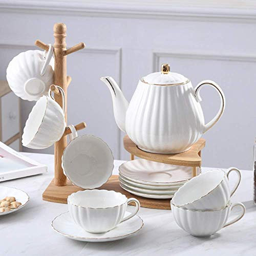 6 Pieces Simple White English Ceramic Tea Sets,Tea Pot,Bone China Cups with Wooden Holder Matching Spoons,Afternoon Tea Set Service Coffee Set