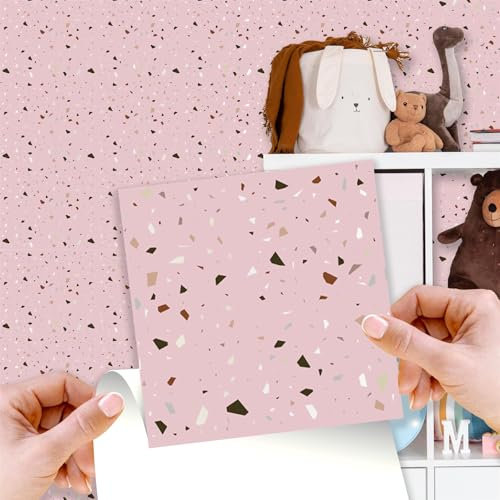WALPLUS 24 PCS 15cm (6) Rose Pink & Metallic Silver Terrazzo Tile Stickers – Peel and Stick Self-Adhesive Wall Tiles for Kitchen Backsplash, Bathroom, and DIY Tile Makeover