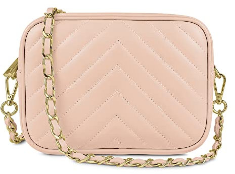 Parubi, Borsa Donna a Tracolla, In Vera Pelle Trapuntata, Made in Italy, Modello Lola, Borsetta Matelassé Piccola con Catena Pochette a Tracolla Clutch Da Donna Ragazza Elegante, Rosa Cipria
