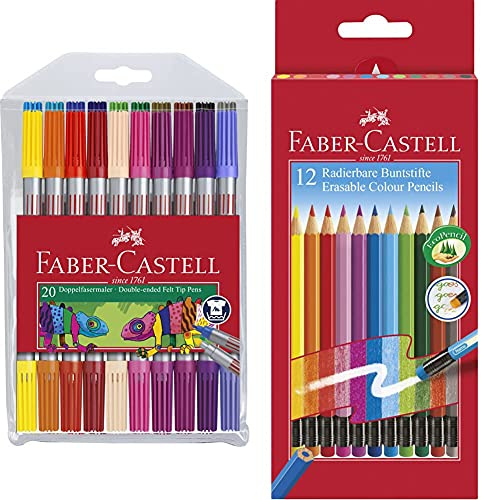 Faber-Castell 151119 - Doppelfasermaler 20er Etui, 1 Stück & 116612 Radierbare Buntstifte mit Gummitip, 12er Kartonetui, 1 Stück