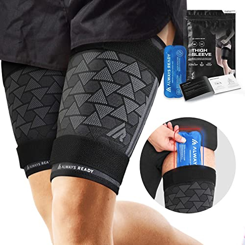 Always Ready, Thigh Compression Support Sleeve (2 Per Pack) with Hot & Cold Gel Pack for Hamstring & Quadricep Muscle Strains & Injury, Men & Women, Two Adjustable Compression Straps, Non-Slip (XL)