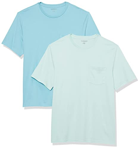 Amazon Essentials herr normal passform kortärmad rund hals ficka t-shirt, paket med 2, vattenblå/ljusblå, Large