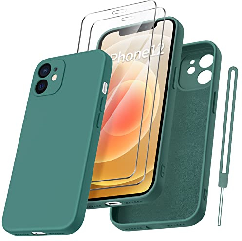 Qasyfanc Handyhülle für iPhone 12 Hülle mit 2 Stück Hartglas Schutzfolie, Silikon Case Ultra Dünn Microfiber Kameraschutz Rundumschutz Anti-Kratzer Handyhülle für iPhone 12 6.1 (Dunkel Grün)