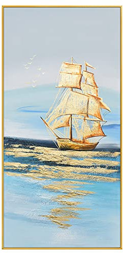 Ölbilder Auf Leinwand Handgemalt, Blaues Meer Goldfolie Segeln Segellandschaft Moderne Abstrakte Kunstwerke Rahmenlose Original Handgemalte Ölgemälde Auf Leinwand Wandkunst Für Wohnzimmer Schla