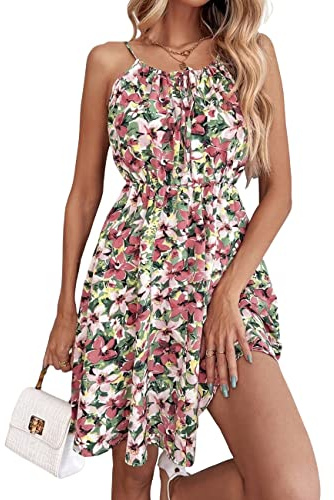 Vcindai Damen Sommerkleid Schulterfrei Kleid Sommer Blumenkleid Ärmelloses Kleider