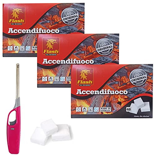 parpyon® Accendifuoco 144 cubetti + Accendi Gas Omaggio per Ciminiera Barbecue accendi carbonella BBQ Kit – Ideale per Accessori e Barbecue Weber (Kit-4)