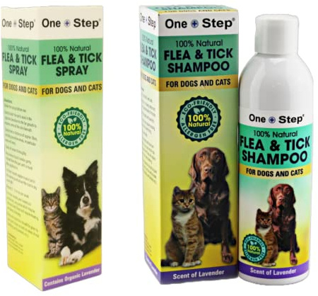 One Step: Flea & Tick 250ml Shampoo + 250ml Spray for Dogs & Cats 100% Natural, Allergen Free, Scent of Lavender
