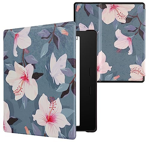 kwmobile Klapphülle kompatibel mit Amazon Kindle Oasis 10. Generation Hülle - eReader Case - Weiß-Rosa Fuchsien-Blüten Weiß Rosa Violett