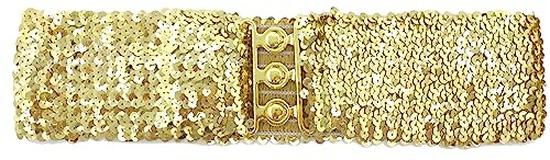 Elastischer Damengürtel mit glänzenden Pailletten, breiter dekorativer Kleidergürtel, niedlicher Gürtel für Mädchen, mit ineinandergreifender Metallschnalle, Gold, standard