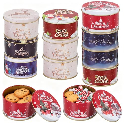 TOPBATHY 12 Stück Weihnachten Keksdose, Rund Weihnachtsdosen für Kekse, Metall Keksdose Mit Deckel, Weihnachtsdosen für Plätzchen Süßigkeiten Kekse und Kleine Geschenke