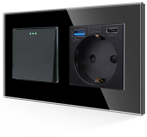 JIMEIDA 1-Fach Lichtschalter mit USB Steckdose Unterputz, 10A 250V | 1-Fach, 1-Weg, USB A+C 20W, 10A, 250V, Glas Panel, Kristall Kippschalter, Nachtleuchten, Unterputz, 157x86mm, Schwarz