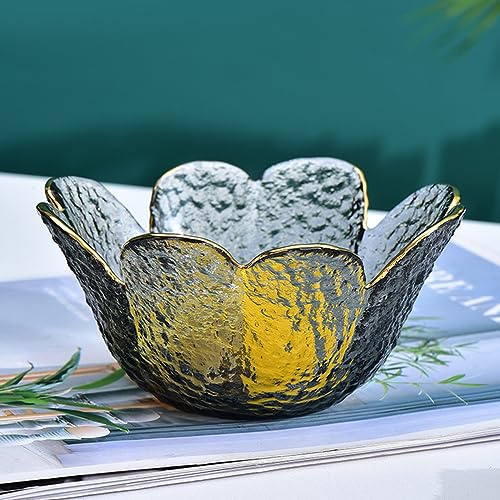 soulnioi Glass Dipping Bowl, Crystal Flower Shape Sauce Dishes, Gold Inlay Mini Snack Dessert Bowls for Home Wedding Party 11.5cm Diameter - Grey