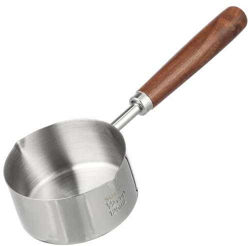 FUNOMOCYA Petite Casserole en Acier Inoxydable avec Poignée en Bois, Pot à Huile 125ml avec Deux Becs Verseurs, Cuisine Cuisson Précise