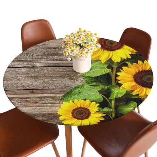 Guxxuil Sunflowers Round Fitted Tablecloth Wooden Board Autumn Yellow Floral Bright Flowers Elastic Edge Tablecloth Waterproof Oilcloth Table Cover for 40-44