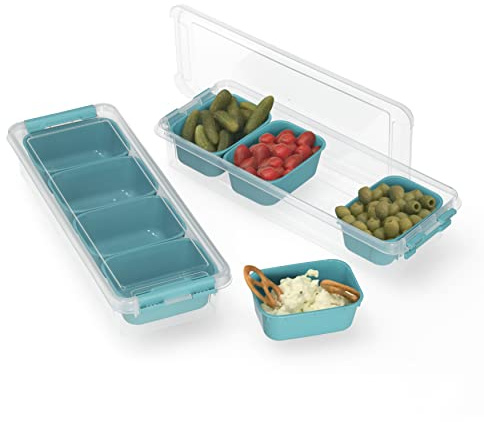RoyalFay® Zutatenbehälter Napoli 2er Set – stapelbare Aufbewahrungsbox mit 8 Einsätzen & 2 Deckeln – lebensmittelechte Kühlschrank-Organizer für Pizzabeläge & Meal Prep – Karibikblau