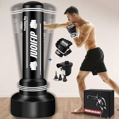 Heavy Punching Bag with Stand Adults Teens, 70 Freestanding Punching Bag with Boxing Gloves and Electric Air Pump, Women Men Standing Inflatable Boxing Bag for Training MMA Thai Fitness