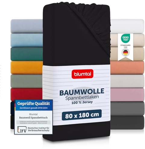 Blumtal® 80 x 160 cm Basics Jersey 80 x 160 cm - Påslakan 80 x 160 cm 100% bomull - Öko-Tex certifierad Sängkläder 80 x 160 cm - Madrasskydd 80 x 160 cm - Plattlakan - Påslakan - Svart