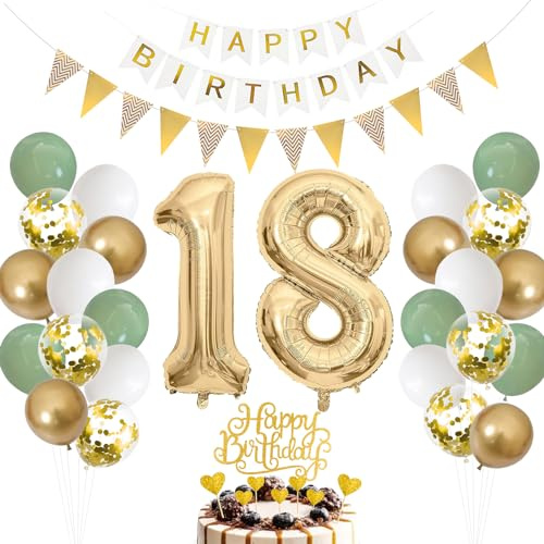 18. Geburtstag Deko Salbeigrüne - Luftballons für Jungen & Mädchen, Ballon Grün Weiß Gold, Zahl 18 Folienballons, Tortendeko für 18. Geburtstag Dekoration