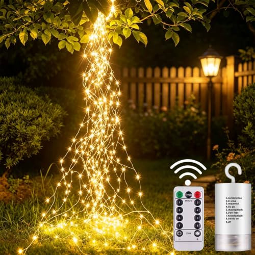 Cozymeow Lichterkette Klein 1M 100 LED Lichterschweif Batterie mit Timer | Fernbedienung, Lichterstrang 8 Modi Wasserfall Lichterkette Wasserdicht Lichterbündel für Gießkanne Baum Außen Innen Deko
