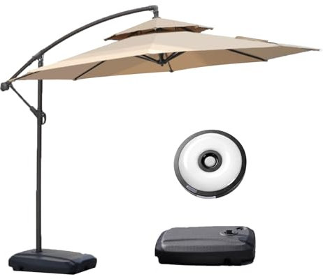 HESHEQ Garten Balkon Ampelschirm Großer Regenschirm aus Aluminiumlegierung for den Außenbereich Kurbelschirm LED Solar Ampelschirm 360-Grad-Drehung Mit Leuchte mit Sockel(Size:270m)