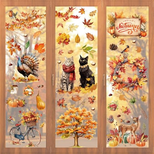 Joyoldelf 76 Pièces Décalque Fenêtre Automne 3D - Autocollant Vitre Réutilisable pour Halloween et Thanksgiving, Décoration Murale et Fenêtre, Deco Automne Interieur (3D Chat et Citrouille）