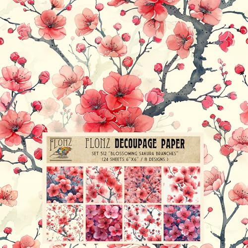Decoupage Paper Pack (24 Sheets 6x6) Blossoming Sakura Branches: Vibrant Cherry Blossom Patterns for Elegant and Artistic Design Projects # Vintage Styled Paper for Craft and Scrapbooking