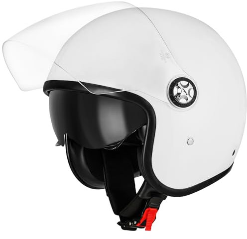 Favoto Casco Moto Jet Aperto - Casco Scooter con Doppia Visiera Parasole 3/4 per Adulti Uomo e Donna Traspirante Omologato ECE 22.06 L (59-60cm) Bianco