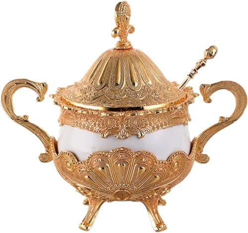 BOWINGBO Tarro de cerámica para caramelos, azucarero con tapa, soporte para cuchara, azucarero de cerámica, azucarero con tapa y cuchara, tarro de especias de vidrio de alivio de metal, soporte para
