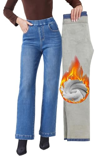 Fakanhui Damen Jeans mit weitem Bein, Fleece gefüttert, Winter, Thermo-Flanell, gefütterte Jeans, lockere Schlupfjeans, hellblau, M
