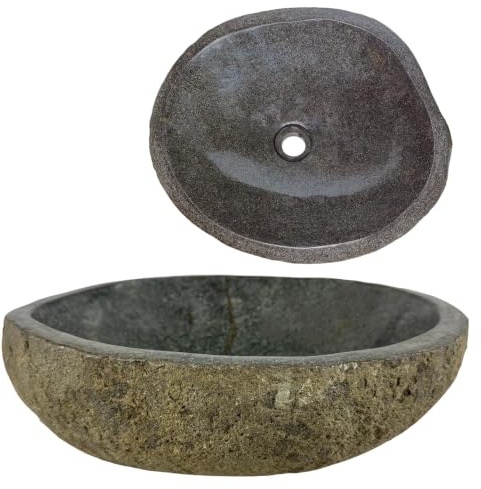 Lendo Online Waschbecken oval Flussstein - Naturstein - Waschtisch für Badezimmer - Aufsatzwaschbecken - Handwaschbecken - Grau (Rostfarben, 40-45x30-35cm)