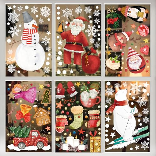 Fensterbilder Weihnachten Selbstklebend, SILARLAIT 10 Stück Aquarell Fenstersticker Weihnachten Statisch & Doppelseitige & Wiederverwendbare, Weihnachten Fensteraufkleber Fensterdeko Weihnachtendeko