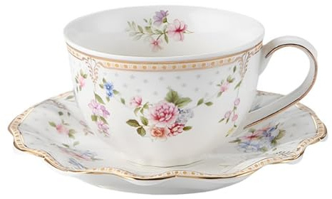 VMAPJIZA Taza de Té Vintage de Cerámica con Platillo, Rosa con Ribete de Hojas Doradas, Juego para Café