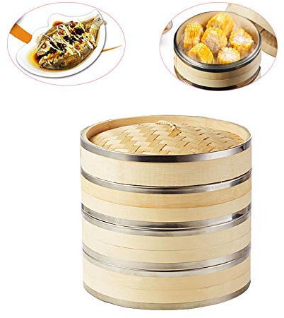 Olla para cocinar, vaporera de bambú orgánica Avanzada con Tapa, 3 + 1 Capas, Acero Inoxidable Reforzado, Adecuada para cocinar Cualquier Tipo de Comida, 21 cm/8,26 Pulgadas