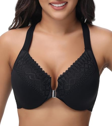 Oscrenia Racerback Front Closure Bra Plus Size for Women Unlined Underwire Wide Strap(Black,38E)