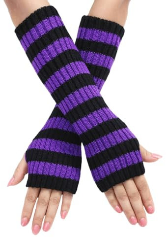FUXIU Gestrickte fingerlose Handschuhe für den Winter, Halbfinger, dehnbar, hält warm, gestreift, für Mädchen und Teenager, schwarz / lila, As detailed discription
