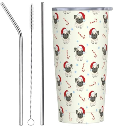 VOSERY Botella de agua de 20 onzas con tapa y popote, vaso aislado de acero inoxidable con diseño de perro carlino de Navidad, taza de café de viaje, vaso personalizado