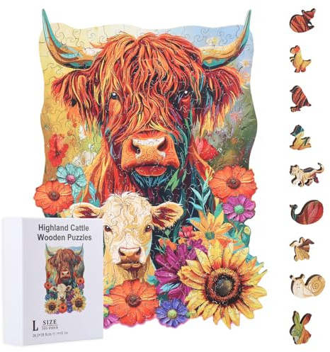 GLOBLELAND Holzpuzzle Erwachsene 300 Teile Holzpuzzles Hochlandrind Wooden Puzzle Unregelmäßige Einzigartige Puzzle für Erwachsene Kreatives Weihnachten Geschenke 11.1x15.1 Zoll