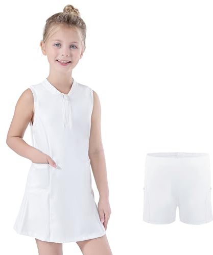 Bezioner Robe Tennis Filles Zip Robe Sport avec Short et 4 Poches Vêtements de Golf sans Manches Tenue Tennis pour Enfant Blanc 120