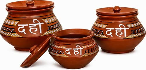 Set of 3 Decorative Ceramic Dahi Handi Yoghurt Curd Serving Bowl Pot Storage Container With Lid, Indian Porcelain Clay Pot For Lassi & Desserts, Microwave & Dishwasher Food Safe, Brown, Rustic Decor