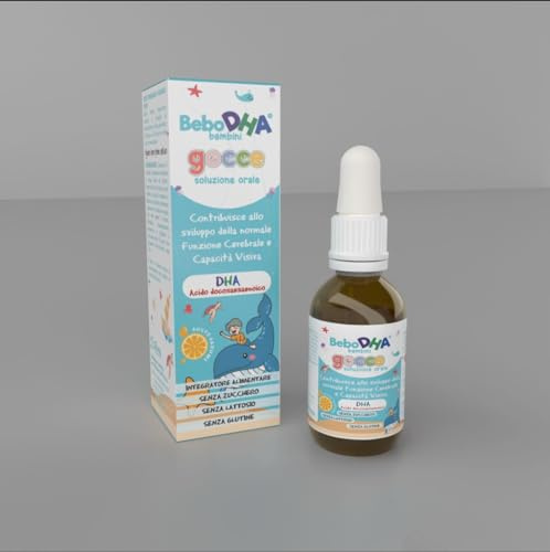 Bebo DHA bambini, gocce - soluzione orale integratore alimentare a base di Acido docosaesaenoico DHA e Vitamina E. Contribuisce allo sviluppo della normale Funzione Cerebrale e Capacità Visiva.
