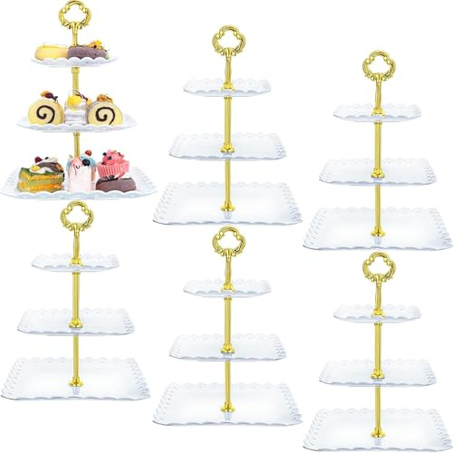 LOLYSIC 6 Pack 3 Tier Cake Stands, Plastic Afternoon Tea Stands, Square Cupcake Stand Fruit Dessert Cake Serving Tray Stand for Wedding Birthday Graduation Party, White