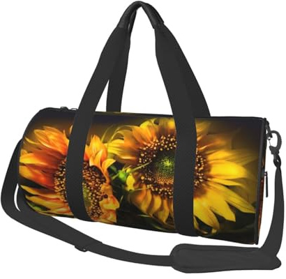 Runde Seesack aus Segeltuch, Motiv: orangefarbene Sonnenblumen, wasserdicht und reißfest. Faltbare Wochenend-Reisetasche