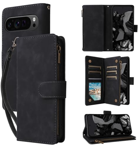 QLTYPRI Schutzhülle für Google Pixel 10 Pro XL, große Kapazität, Leder, Brieftaschenformat, 6 Kartenhalter und 1 Reißverschlussfach, Ständer, Handschlaufe, magnetische Schutzhülle, Schwarz