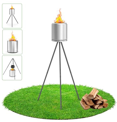 3 IN 1 Outdoor Rauchfreie Pellet Feuerschale mit hohem Ständer 144cm und Tragetasche Feuersäule und Pelletfackel raucharmer mit Holzvergaser-Technologie Feuerkorb (Edelstahl) für Gärten und Camping