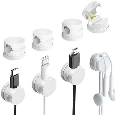 8 Pcs Cable Holder Clips, 360° Rotating Cord Organiser, Spring Adhesive Cable Clips for Nightstand, Car, Wall, Office, Kitchen, White (8mm)
